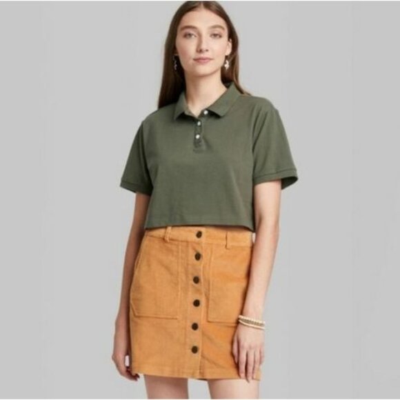 Womens Short Sleeve Boxy Cropped Polo T Shirt Wild Fable Olive Green XL - Picture 4 of 8